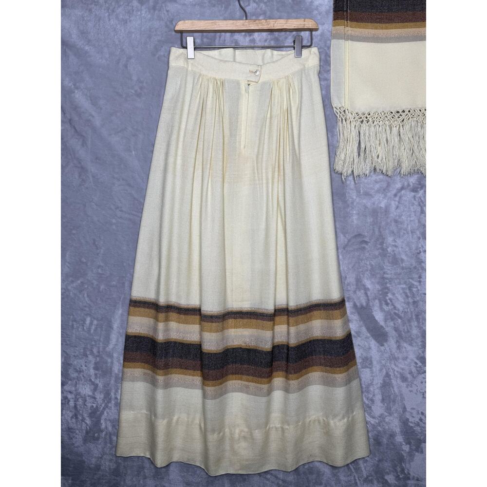 Vintage Boho Skirt Womens S Striped Maxi Long Fringe Shawl Pleated Two Piece 70s - Picture 2 of 6